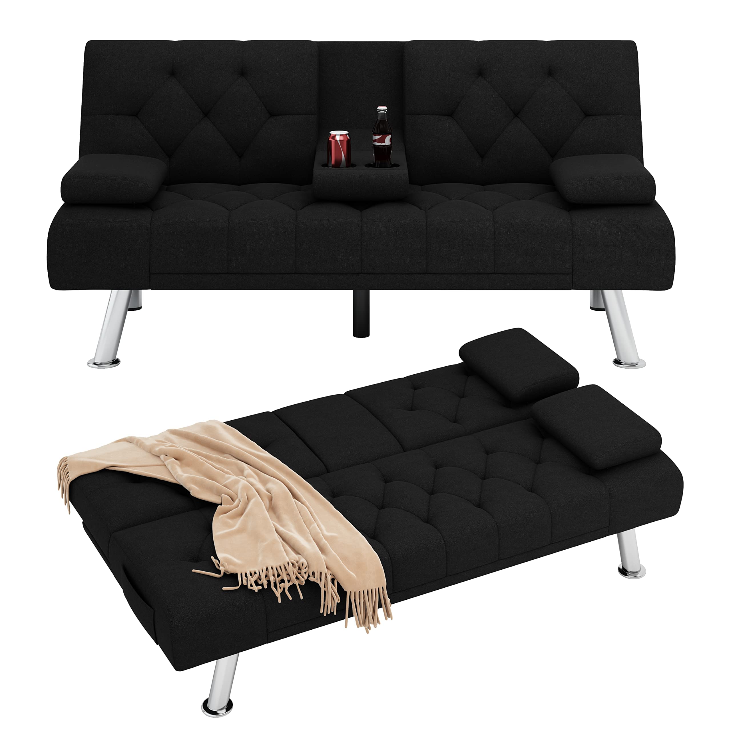 Homfa Sofá cama futón convertible, sofá cama plegable de 66.3 pulgadas con reposabrazos extraíbles y 2 portavasos para sala de estar, acabado gris