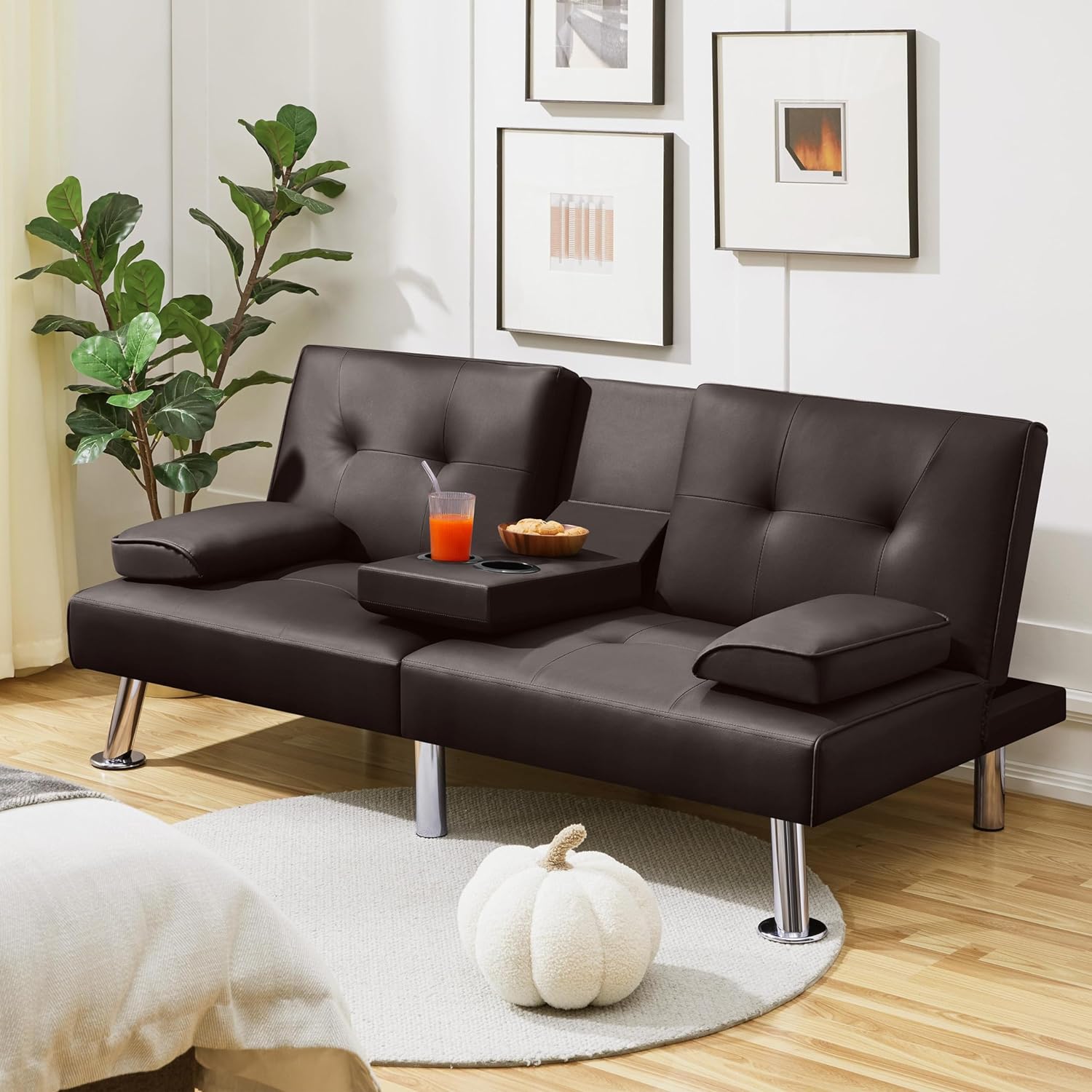 Yaheetech - Sofá Cama Convertible Ajustable, Moderno sillón reclinable de Piel sintético para el hogar, sofá Cama Plegable, Cama de Invitados, reposabrazos extraíbles, portavasos 3 ángulos, Capacidad