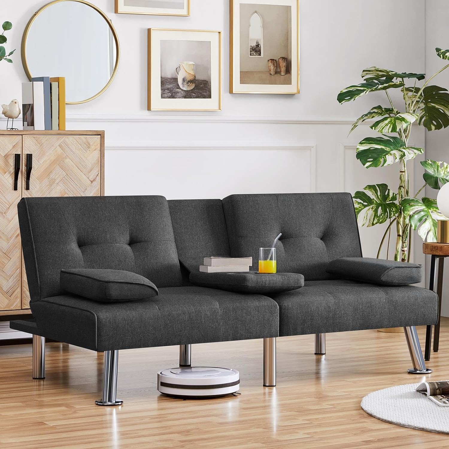 Yaheetech - Sofá Cama Convertible Ajustable, Moderno sillón reclinable de Piel sintético para el hogar, sofá Cama Plegable, Cama de Invitados, reposabrazos extraíbles, portavasos 3 ángulos, Capacidad