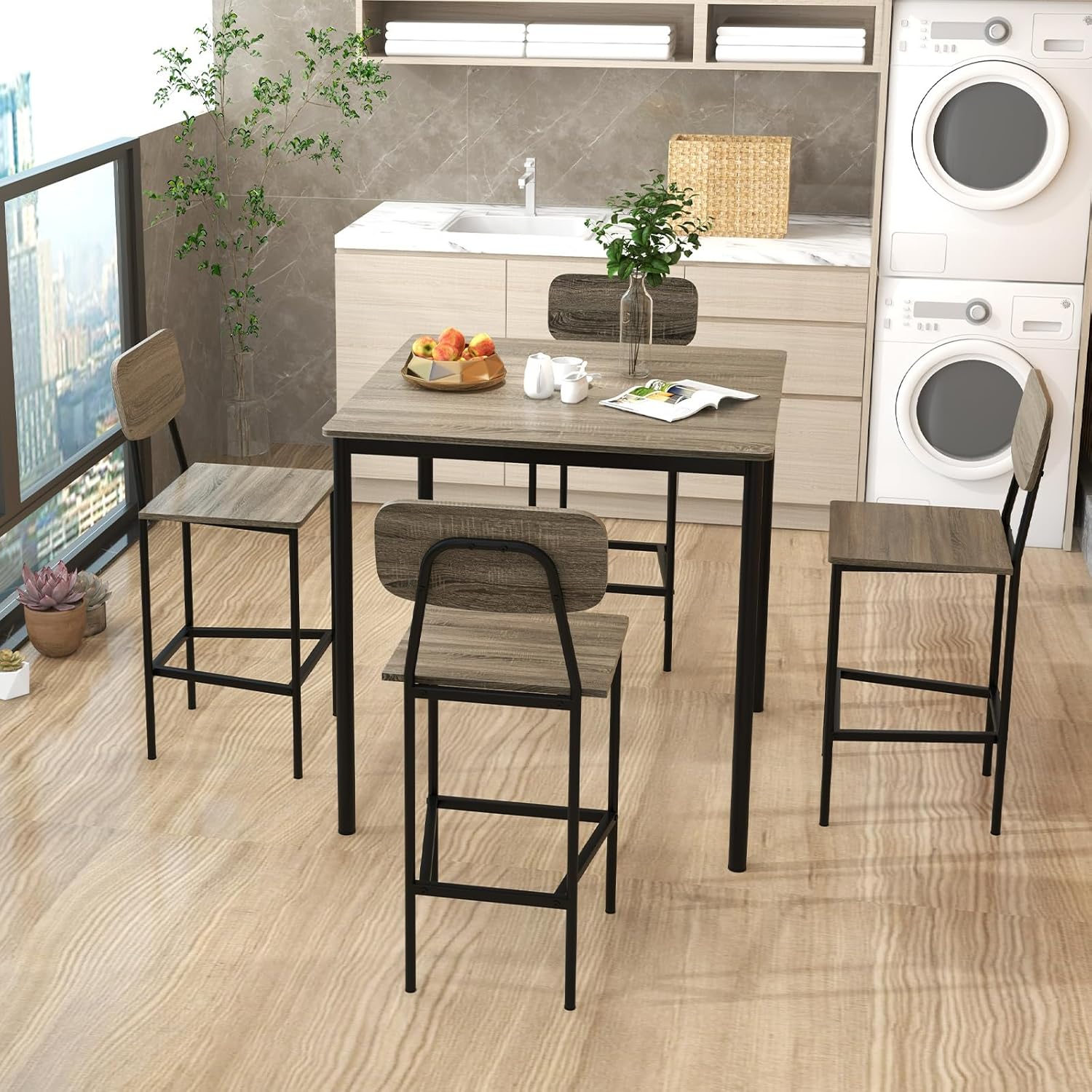 Juego de mesa de comedor de 5 piezas con mesa de altura y 4 taburetes de bar, juego de comedor industrial de cocina con reposapiés y respaldo, juego de comedor que ahorra espacio para pub,