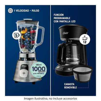 Combo Oster 5 Elementos con Licuadora Clásica, Cafetera Programable, Batidora de Mano, Tostador y Sandwichera