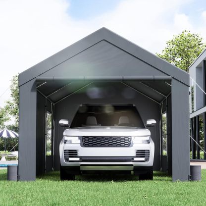VEVOR Carport - Toldo de Acero Resistente de 10 x 20 pies, cochera portátil con 4 Bolsas de Arena, Ventanas ventiladas enrollables y Pared Lateral extraíble, Lona para Todas Las Estaciones para