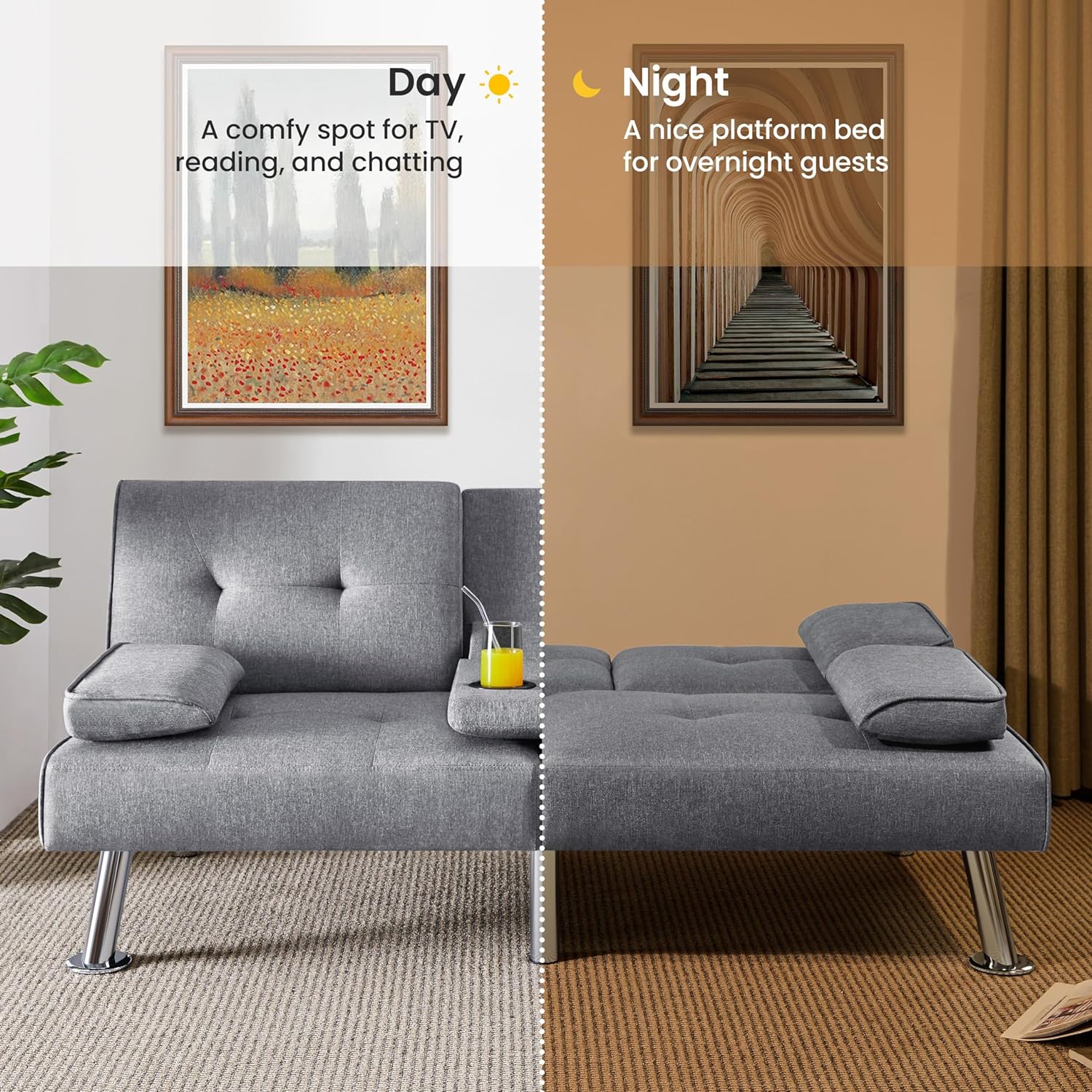 Yaheetech - Sofá Cama Convertible Ajustable, Moderno sillón reclinable de Piel sintético para el hogar, sofá Cama Plegable, Cama de Invitados, reposabrazos extraíbles, portavasos 3 ángulos, Capacidad