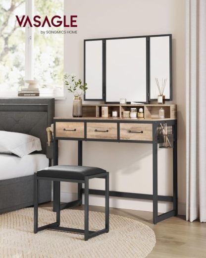 Juego de Mesa de Maquillaje con Espejo Triple, Tocador con Espejo y Taburete, 3 Cajones, Escritorio de Maquillaje, Soporte para Secador, Industrial, Marrón Rústico y Negro RVT004B01