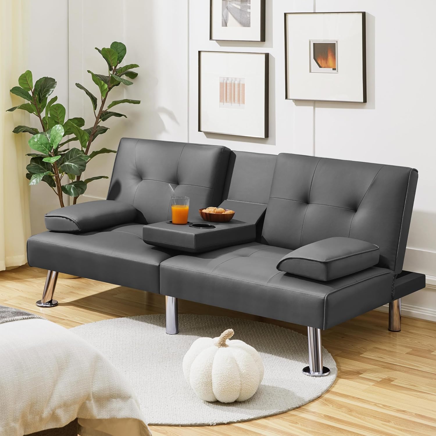 Yaheetech - Sofá Cama Convertible Ajustable, Moderno sillón reclinable de Piel sintético para el hogar, sofá Cama Plegable, Cama de Invitados, reposabrazos extraíbles, portavasos 3 ángulos, Capacidad