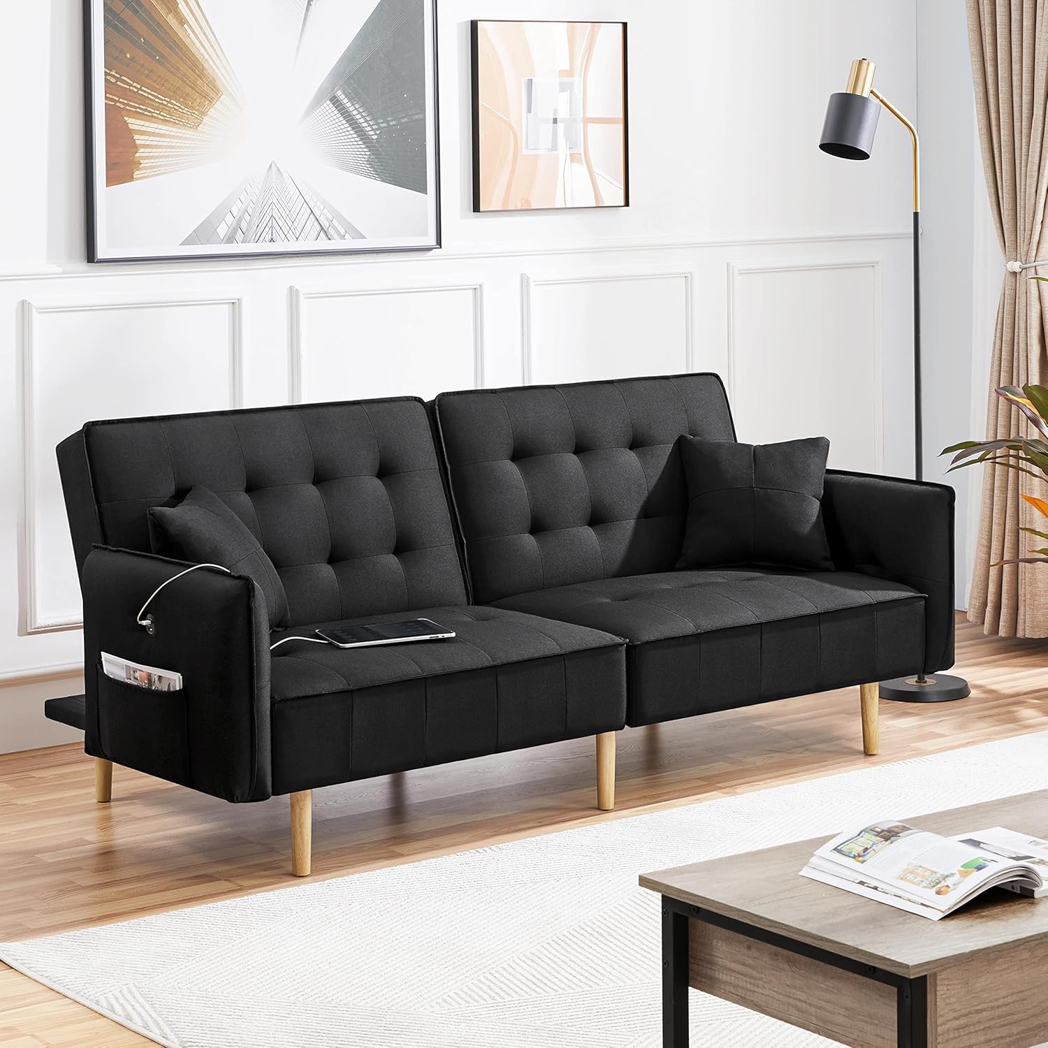 Yaheetech Sofá Cama Convertible Moderno futón sofás, Cama Plegable y Abajo, Tela de Lino reclinable para Sala de Estar, Color Gris