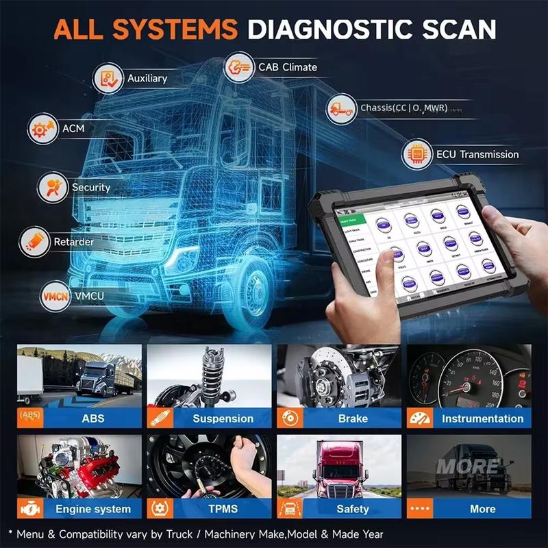 10'' Heavy Duty Truck Scanner Bidirectional Diesel Tool with DPF, ECU Coding, 40+ Resets for Cummins, Detroit, Caterpillar, Volvo, Paccar