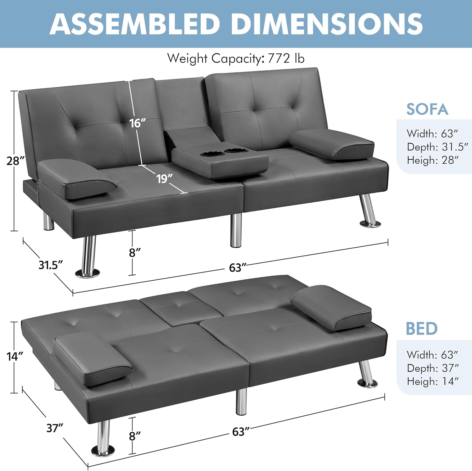 Yaheetech - Sofá Cama Convertible Ajustable, Moderno sillón reclinable de Piel sintético para el hogar, sofá Cama Plegable, Cama de Invitados, reposabrazos extraíbles, portavasos 3 ángulos, Capacidad