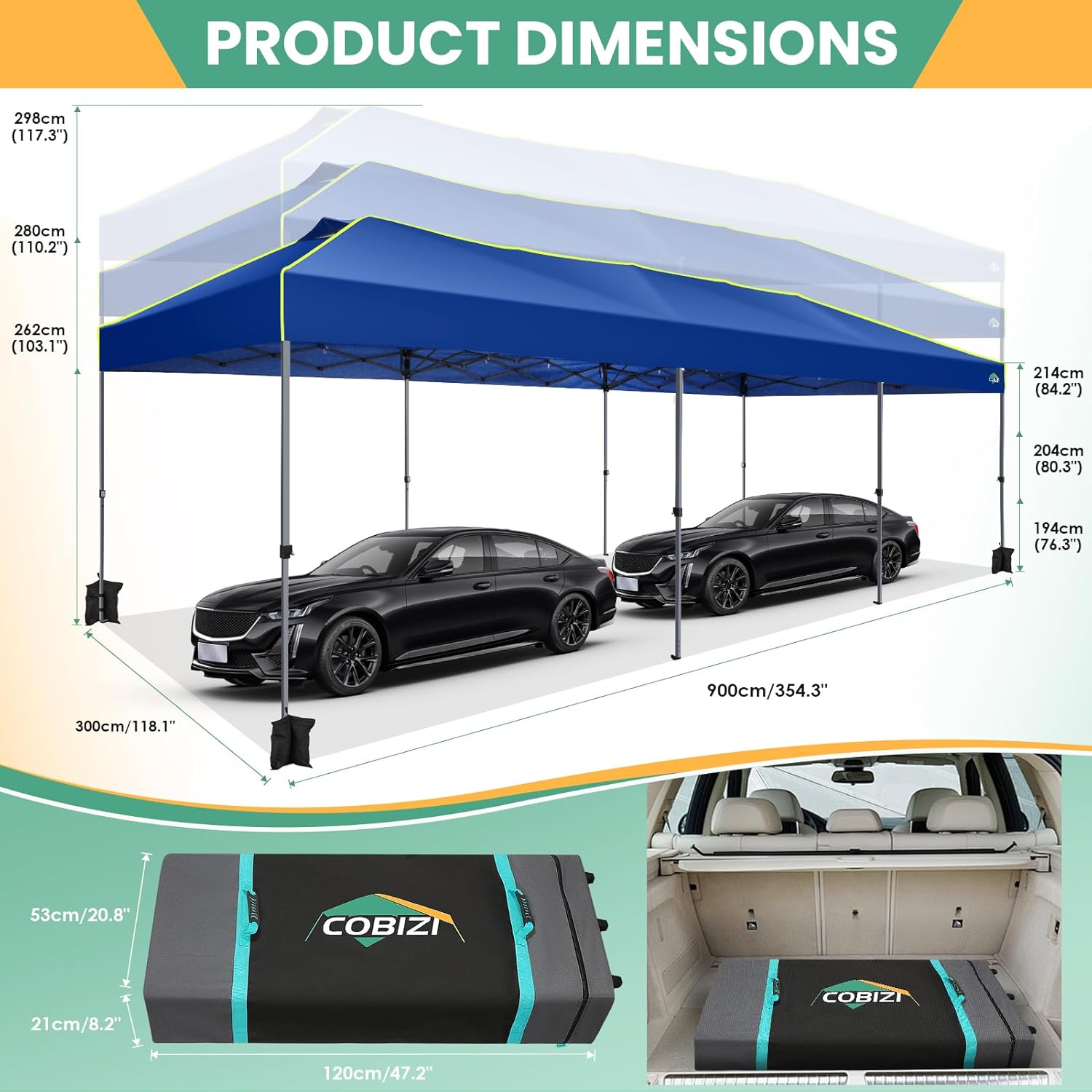 COBIZI - Tienda de campaña desplegable de 10 x 20 Pulgadas, Tienda de campaña instantánea Comercial para Bodas, Fiestas con 3 Altura Ajustable, toldo Ez Up para Exteriores, Impermeable, UPF50+ con