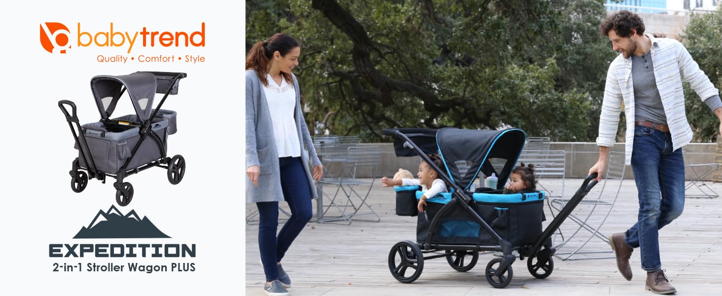 Los padres est&aacute;n empujando a sus dos hijos en el carro de carriola 2 en 1 Baby Trend Expedition PLUS