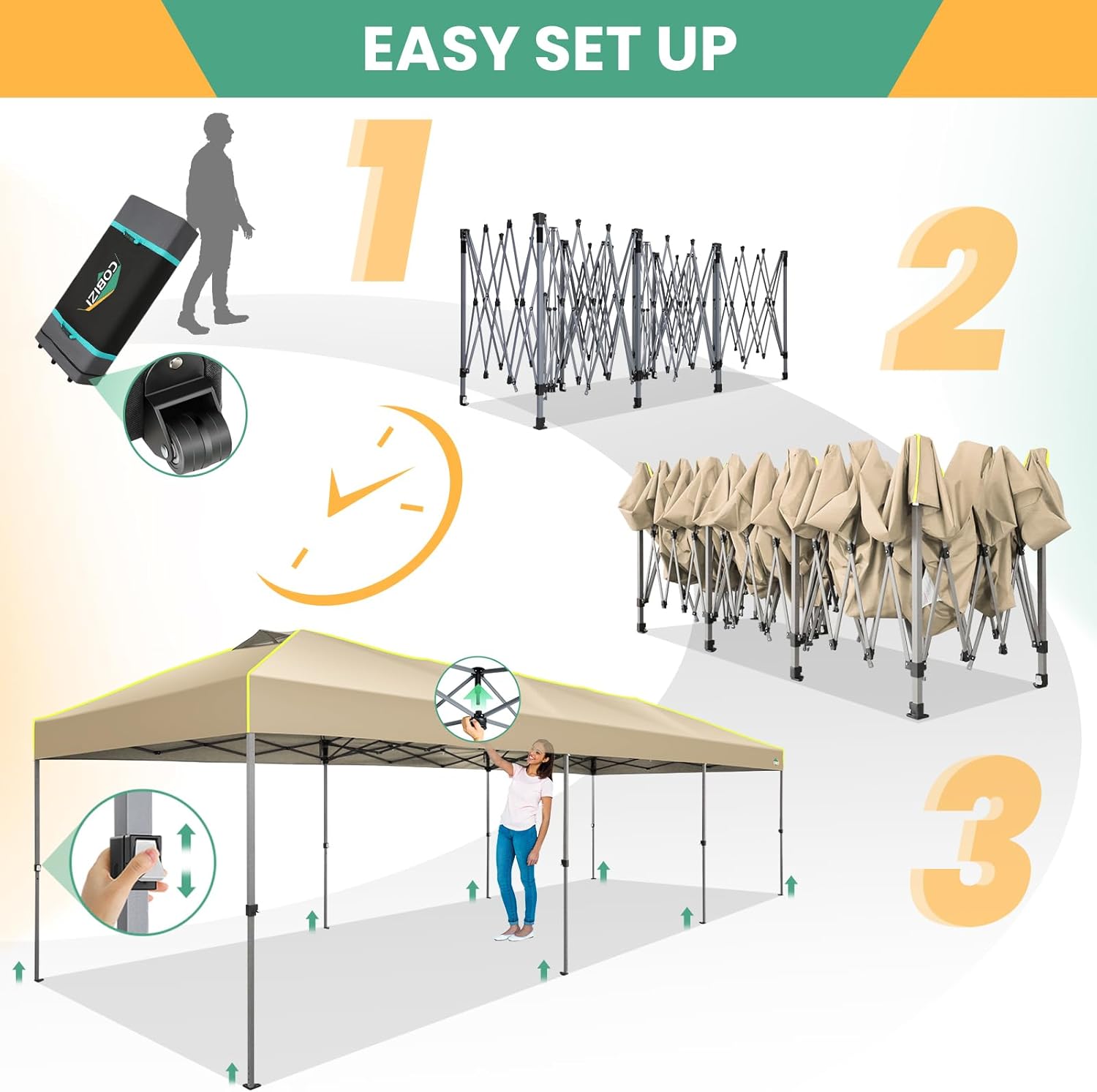 COBIZI - Tienda de campaña desplegable de 10 x 20 Pulgadas, Tienda de campaña instantánea Comercial para Bodas, Fiestas con 3 Altura Ajustable, toldo Ez Up para Exteriores, Impermeable, UPF50+ con