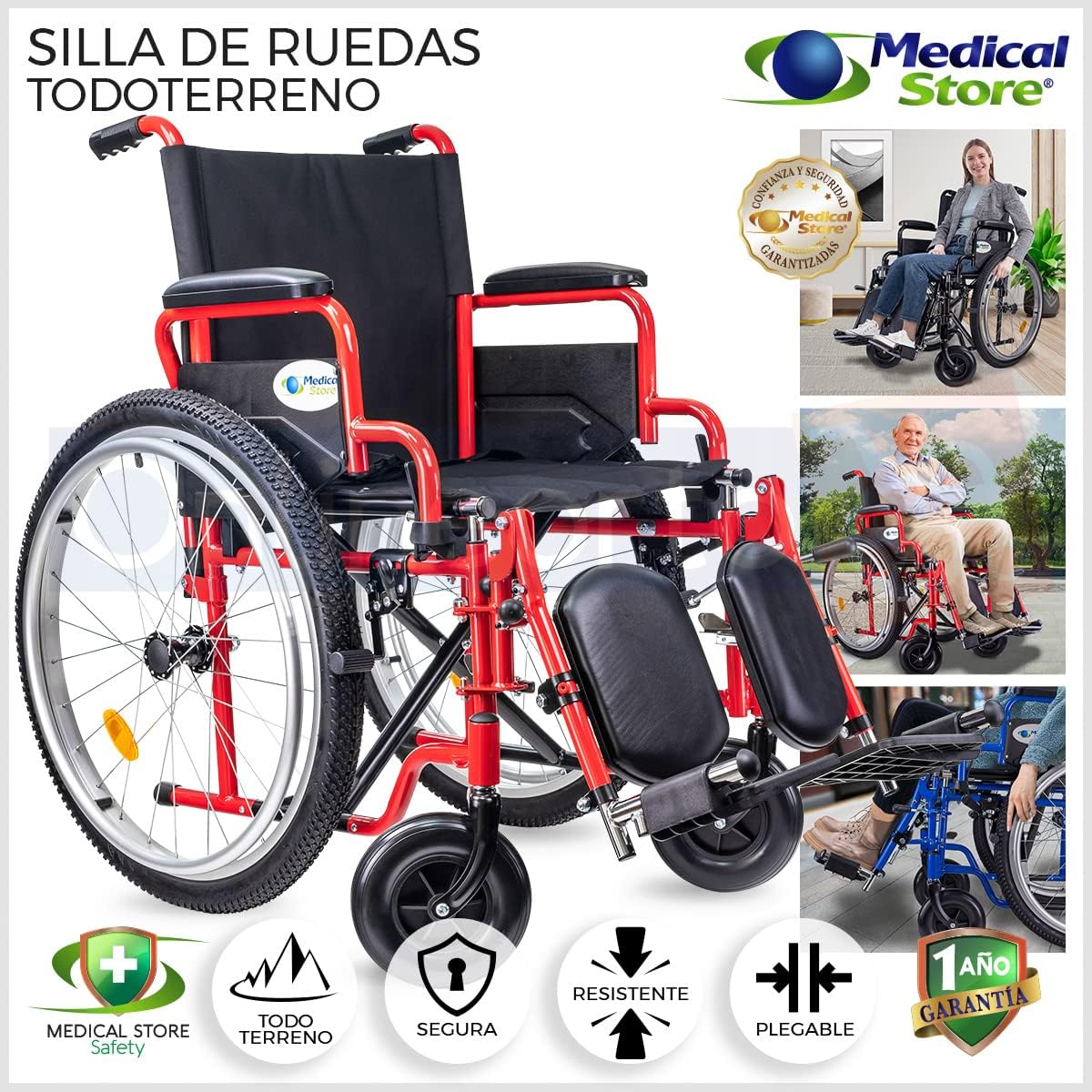 Medical Store Silla de Ruedas TODO TERRENO de Lujo, Modelo 101, Acero Resistente, Con Eleva piernas Desmontables y Descansabrazos Abatibles Color Rojo.…