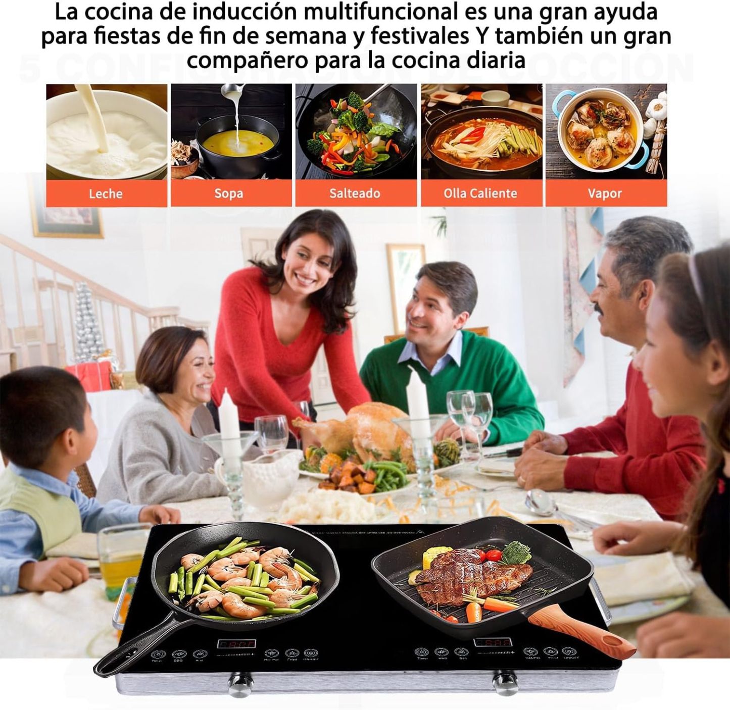 3500W Parrilla de Inducción Eléctrica, 1850W+1850W Control Independiente Cocina por Inducción de Doble Horno, 10 Niveles de Temperatura y Potencia, Sistema de Seguridad, Pantalla LCD Touch