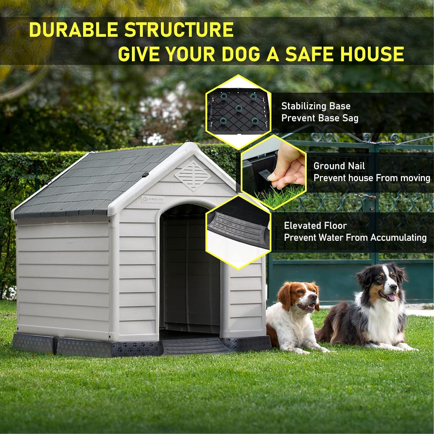 LEMBERI Casa de plástico duradera e impermeable para perros de tamaño pequeño a grande, casa de perro aislada para interiores y exteriores, refugio para cachorros con suelo elevado, fácil de montar, diseño de ventilación para perros