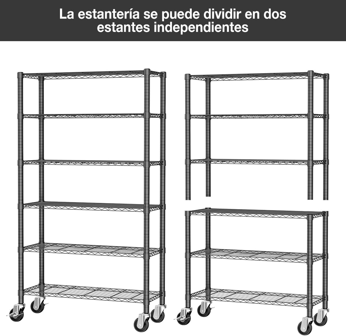 MXLENOBLE Estante de 5 repisas, Estantería de Almacenamiento Ajustable de estantes, Resistente en Ruedas de 4 Pulgadas, Estante Organizador de Metal, Cromado (IC085-B)