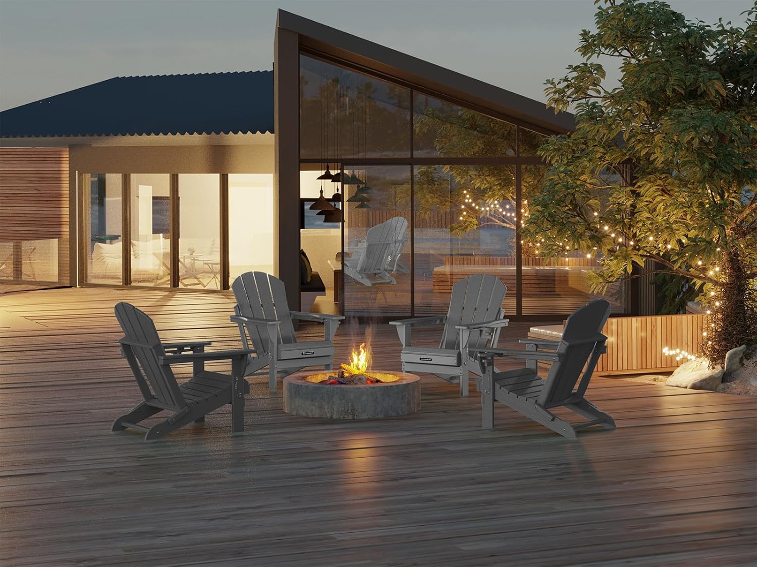 MUCHENGHY Sillas plegables Adirondack, sillas de patio, sillas para hogueras, sillas de exterior, sillas Adirondack de plástico, sillas de césped resistentes a la intemperie con portavasos para terraza, patio trasero, jardín (negro)