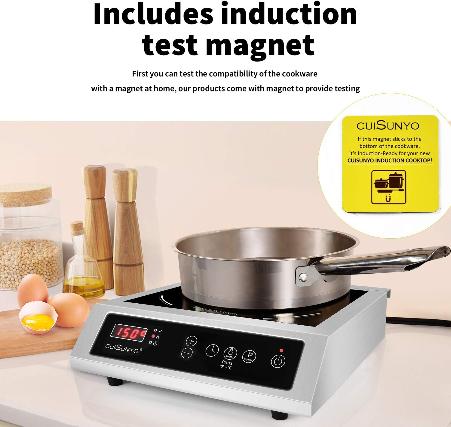 Cocina de inducción comercial 500-3500 W, 240 V, portátil, 10 niveles de potencia, quemador de encimera con 12 ajustes de temporizador, 140 a 550 °F y visualización LCD, estufa eléctrica de acero