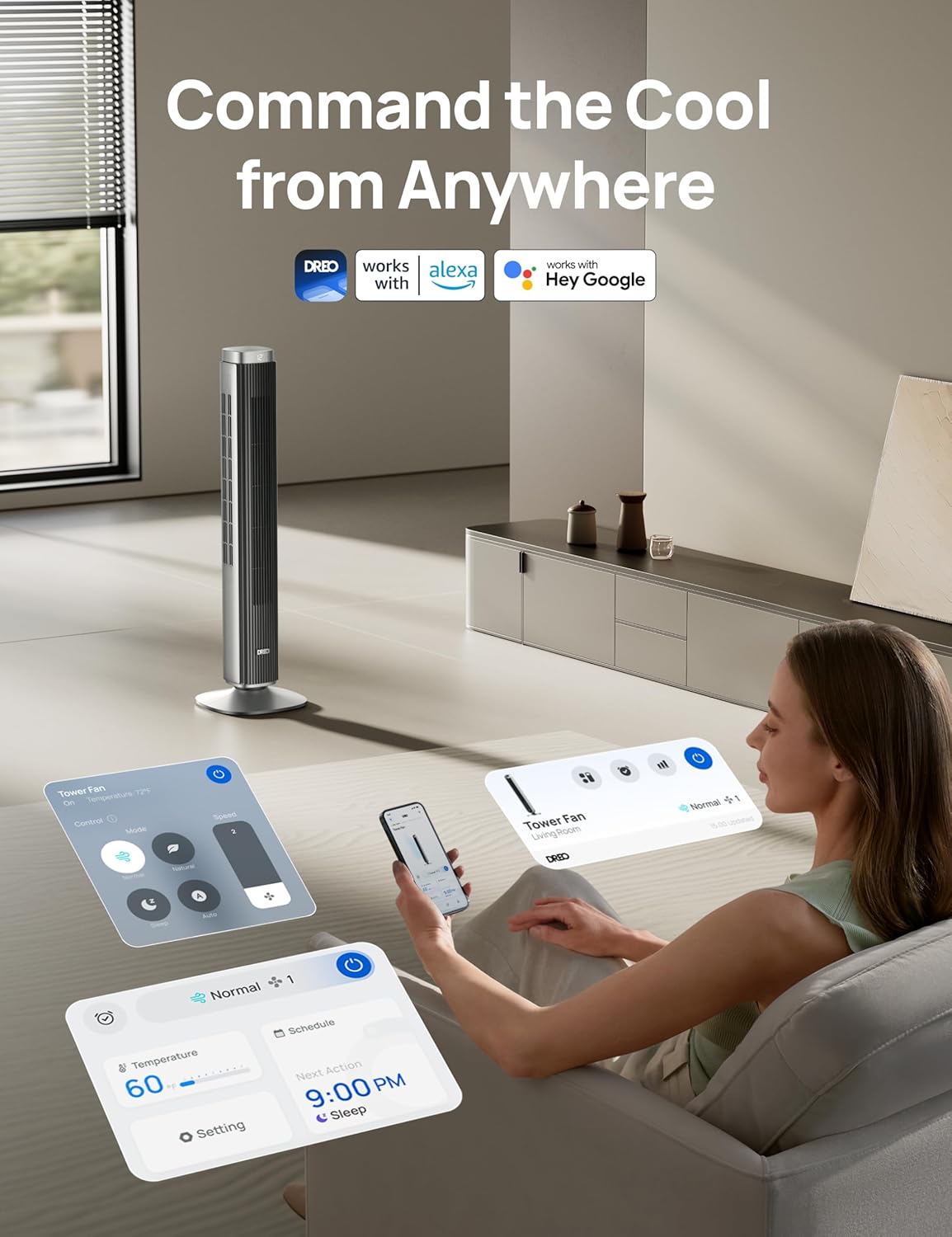 Dreo 42'' Pilot Pro Tower Fan with Remote, 25 DB Quiet DC Portable Bladeless Fan, 90° Oscillating,12H Timer, 9 Speeds,4 Modes, LED Display with Touch Control, Floor Fans for Bedroom Home Office