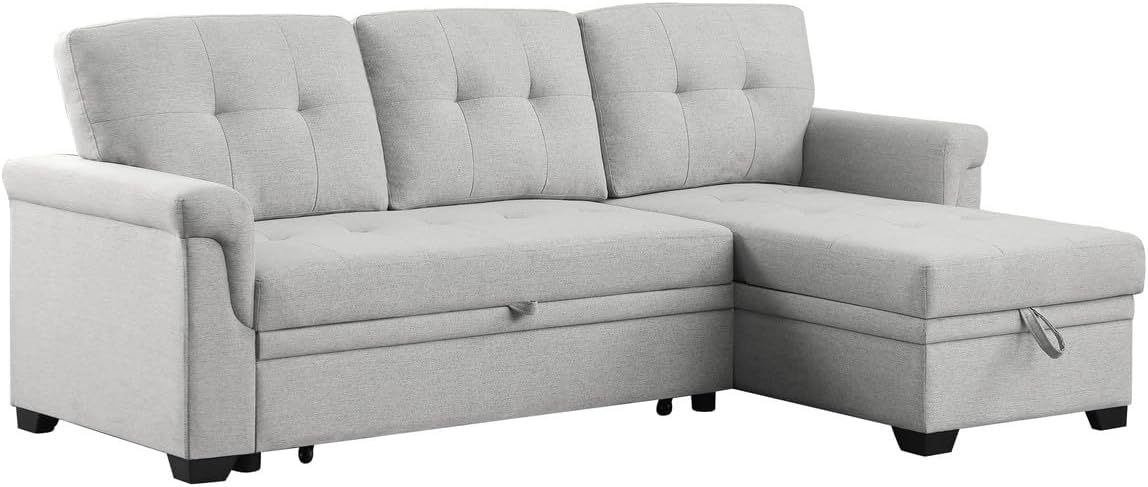 Lilola Home Lucca - Sofá seccional Reversible de Lino Gris Claro con diván de Almacenamiento
