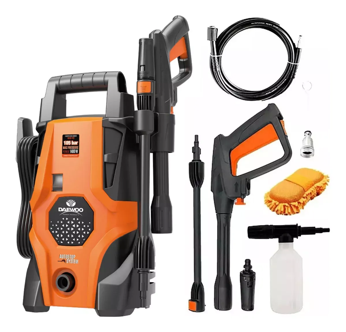 Hidrolavadora Alta Presión Daewoo Accesorios 1400w 1520 Psi Color Negro con Naranja