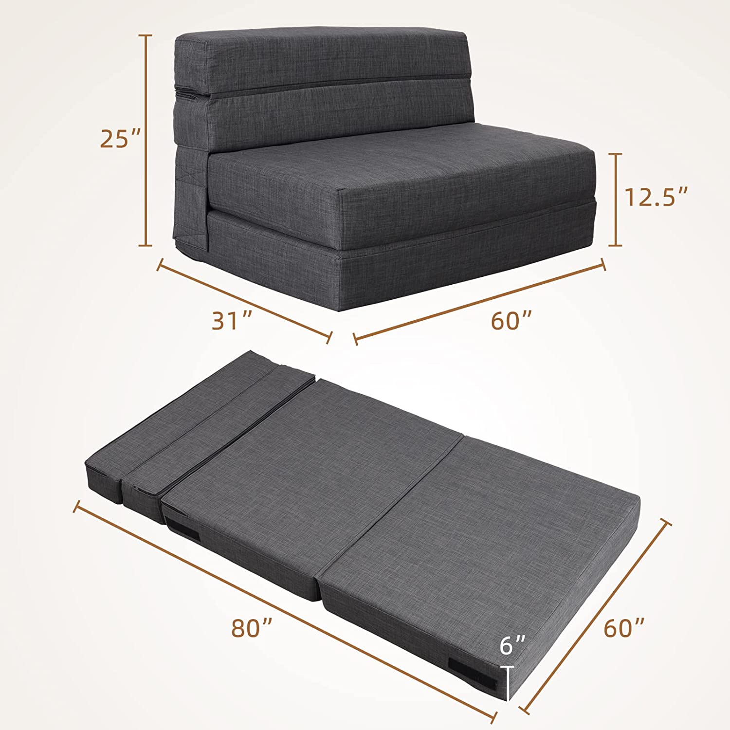 Nigoone - Sofá plegable tamaño Queen de espuma viscoelástica con 2 almohadas, sillón perezoso, triple futón, camas convertibles, funda lavable, gris oscuro