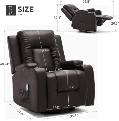 COMHOMA - Silla reclinable giratoria, mecedora de poliuretano para adultos, con masaje y calor, portavasos, bolsillos laterales, para sala de estar y recámara
