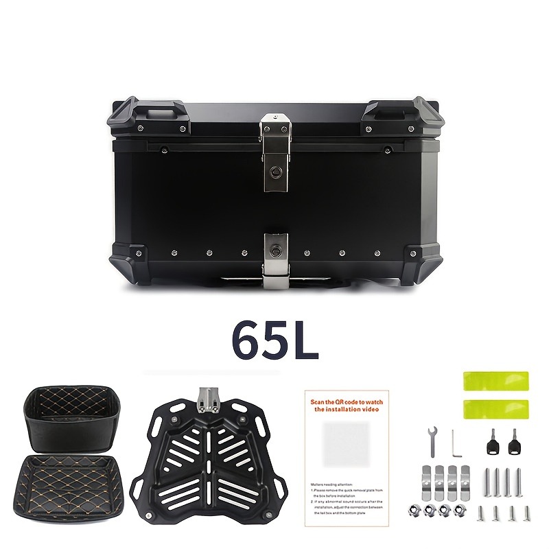 Maletero de motocicleta de gran capacidad de 65L en 3 colores, maleta trasera para motocicleta, baúl de viaje con cerradura de seguridad para almacenamiento de casco y equipaje, material de aleación de aluminio, almacenamiento para casco, caja de almacena