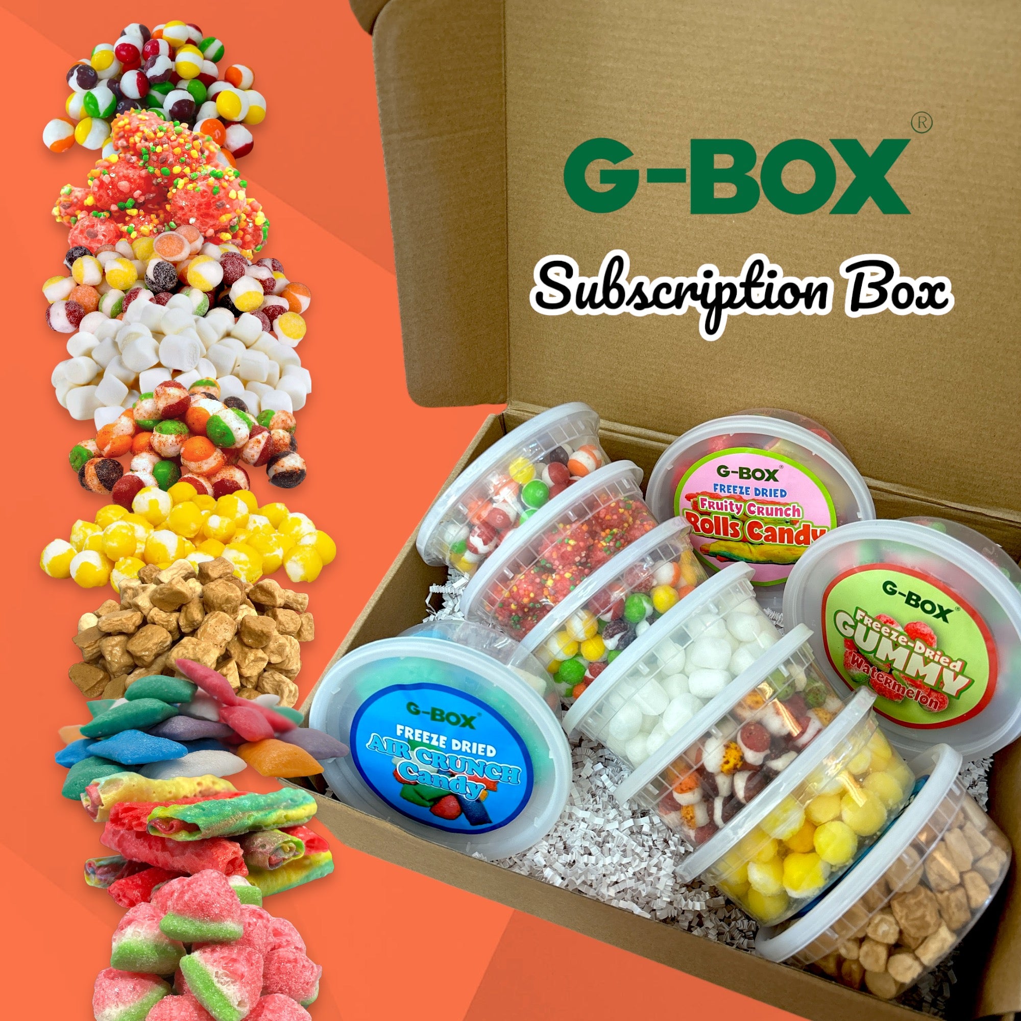 G-BOX Freeze Dried Candy Monthly Subscription Box - 10 Containers + Freebies-G-BOX