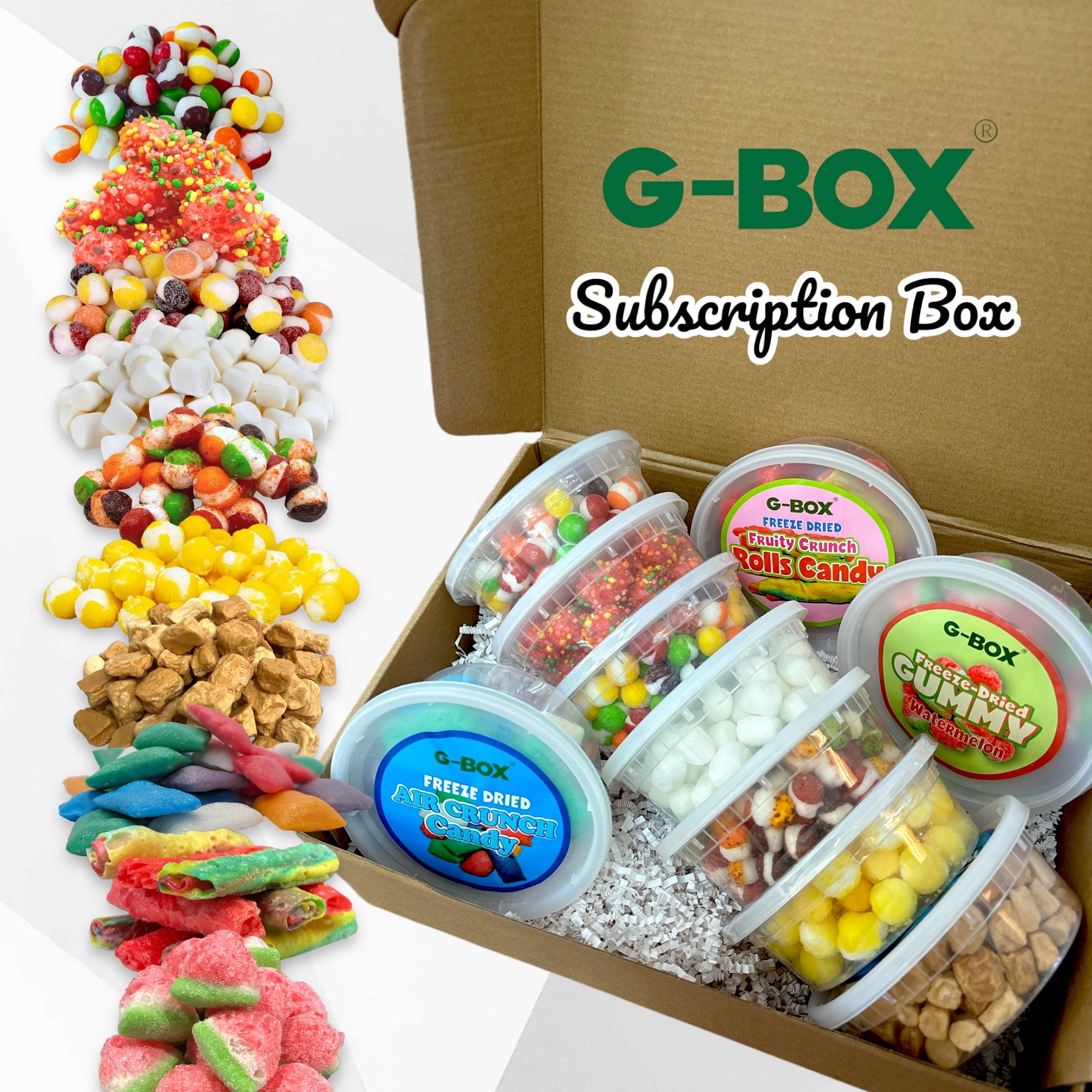 G-BOX Freeze Dried Candy Monthly Subscription Box - 10 Containers + Freebies-G-BOX
