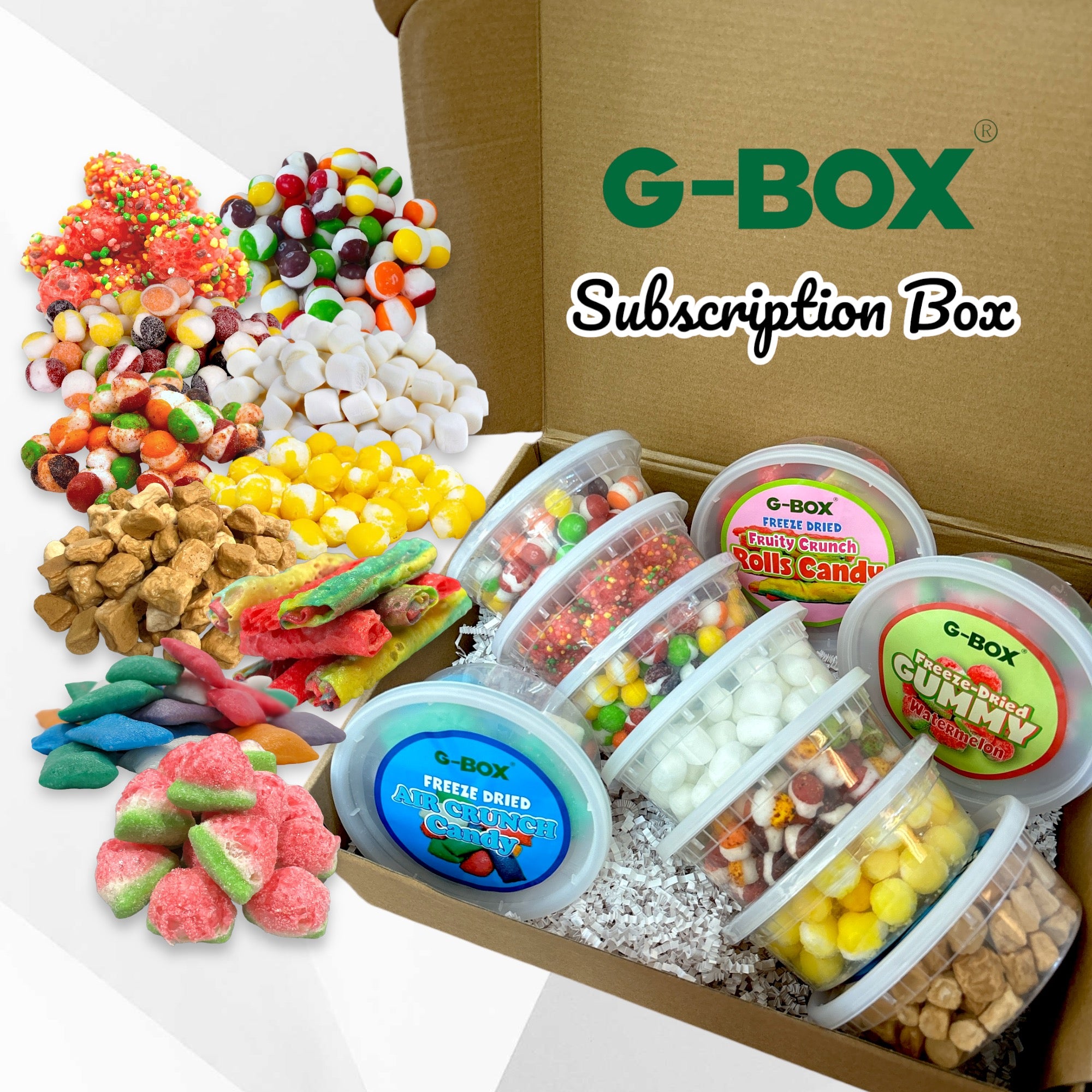 G-BOX Freeze Dried Candy Monthly Subscription Box - 10 Containers + Freebies-G-BOX