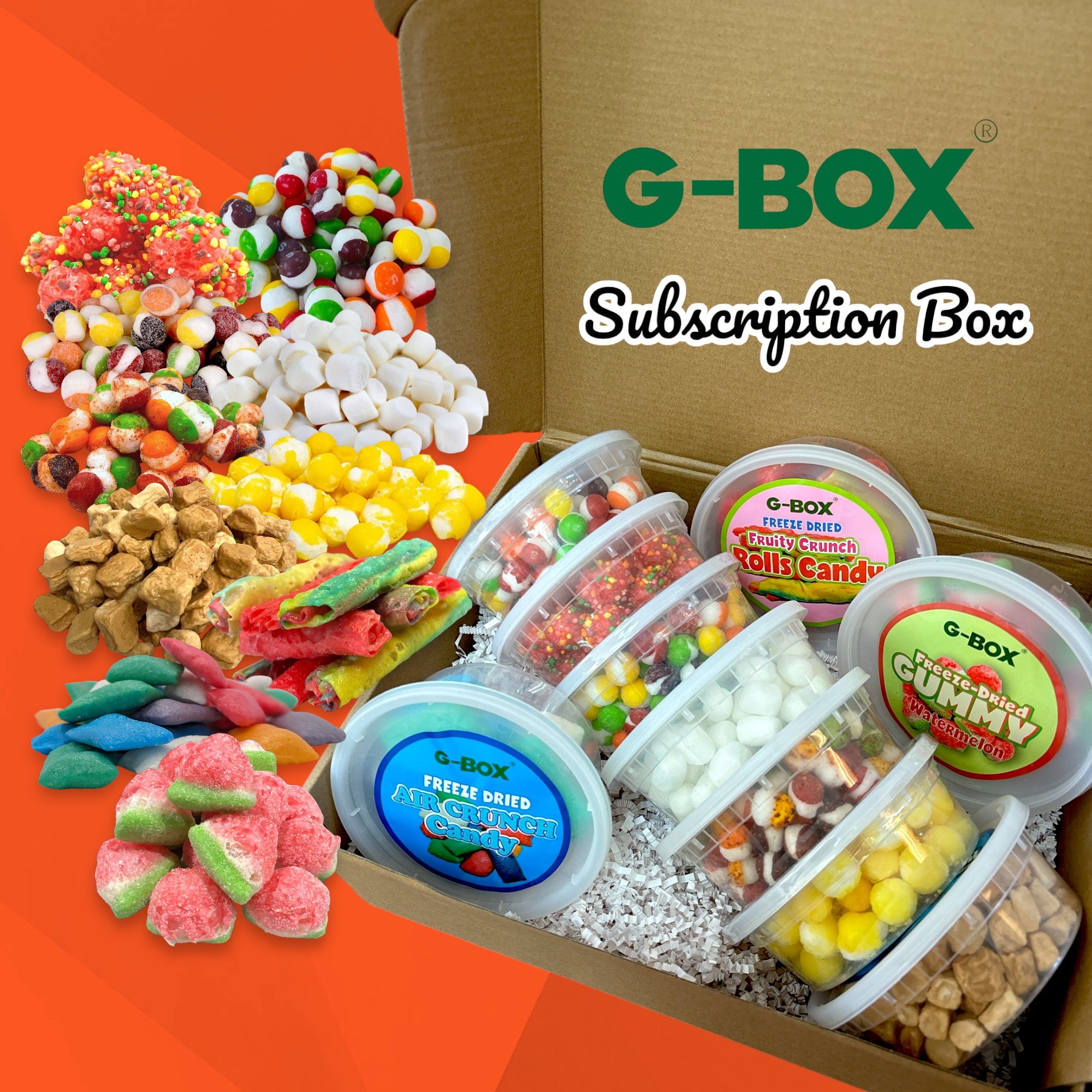 G-BOX Freeze Dried Candy Monthly Subscription Box - 10 Containers + Freebies-G-BOX