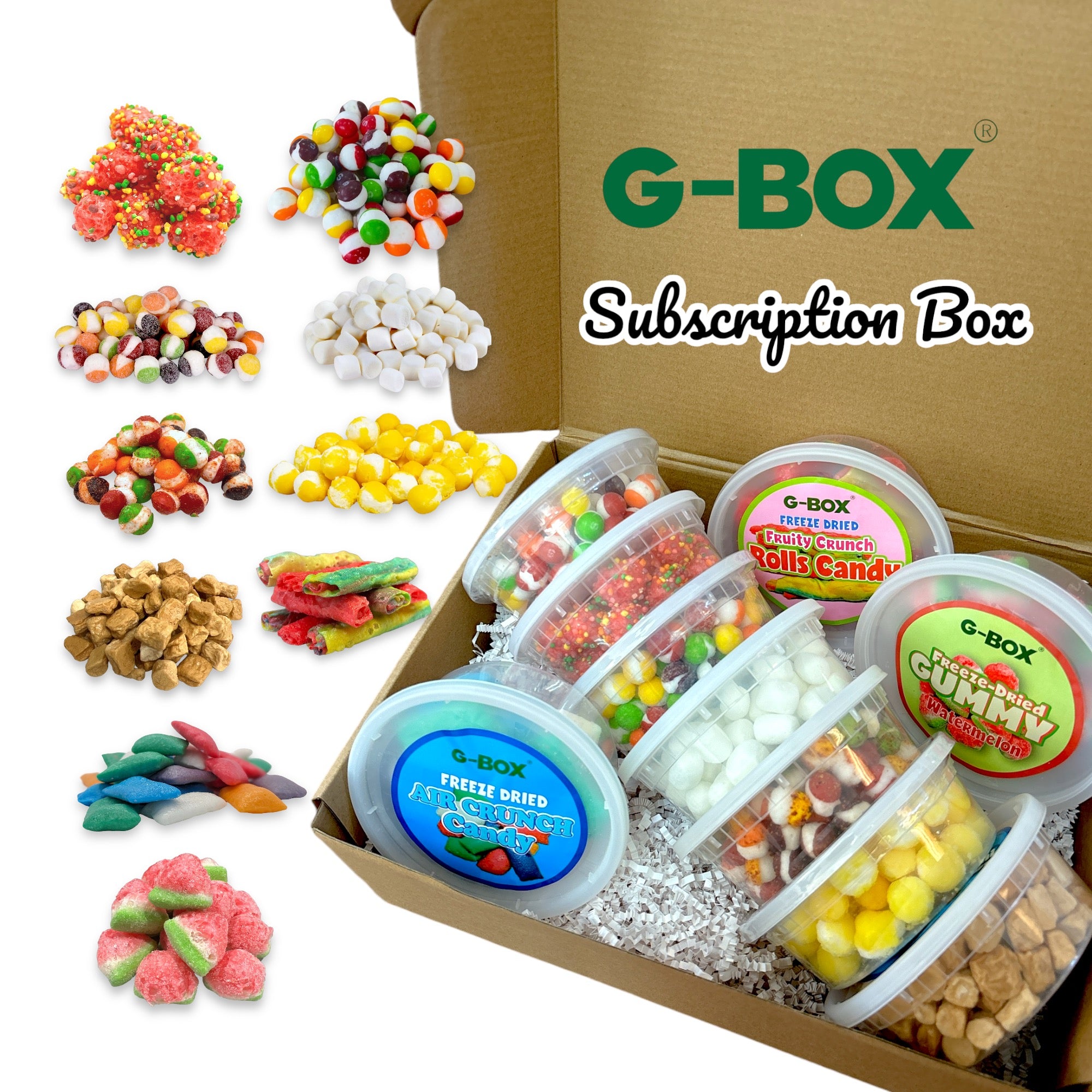 G-BOX Freeze Dried Candy Monthly Subscription Box - 10 Containers + Freebies-G-BOX