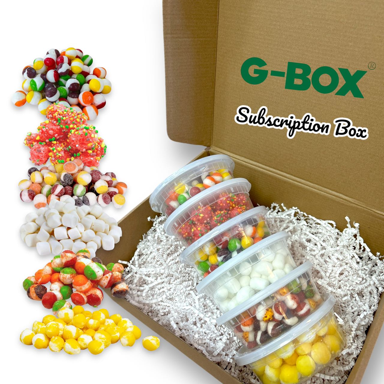 G-BOX Freeze Dried Candy Monthly Subscription Box - 10 Containers + Freebies-G-BOX