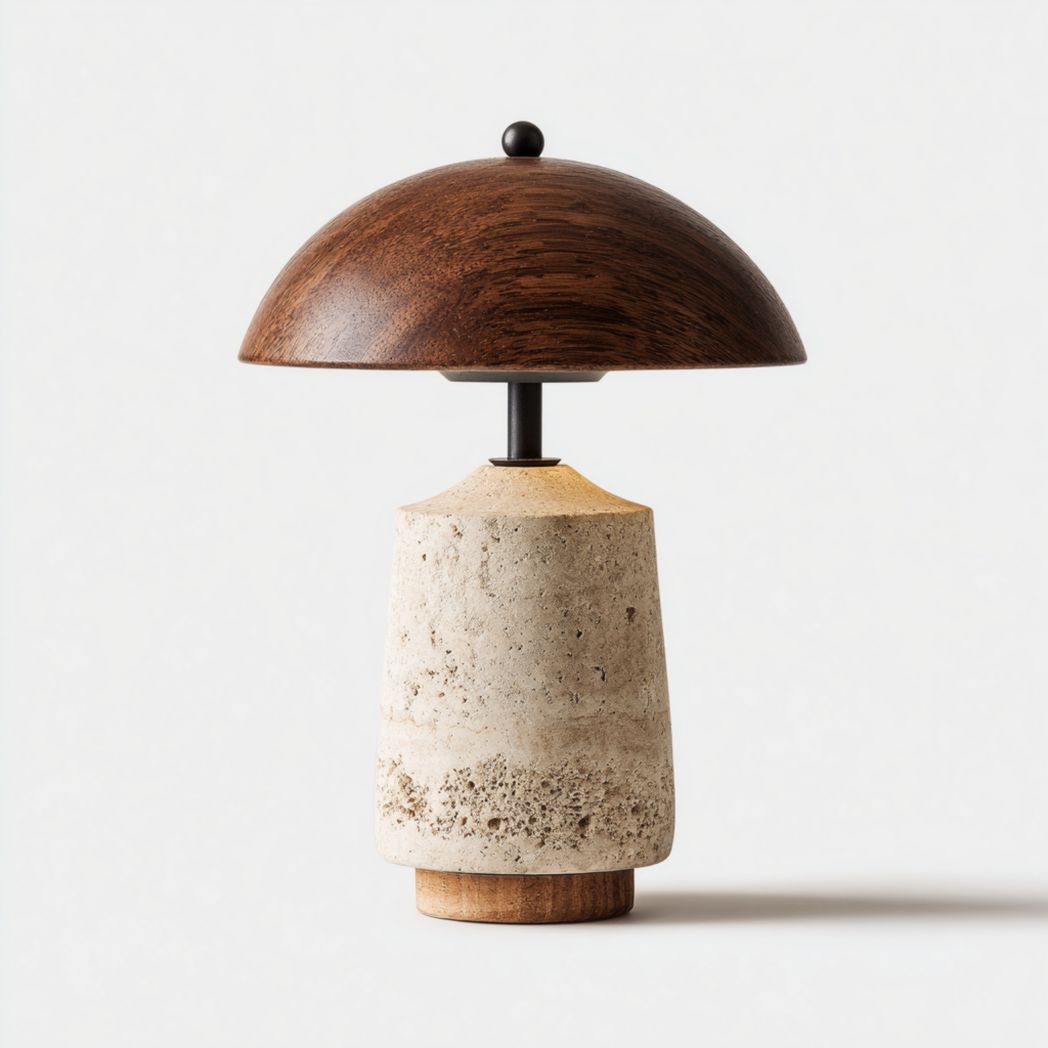 Lampa stołowa z naturalnego trawertynu i drewna orzechowego LED bezprzewodowa-Vd Furniture