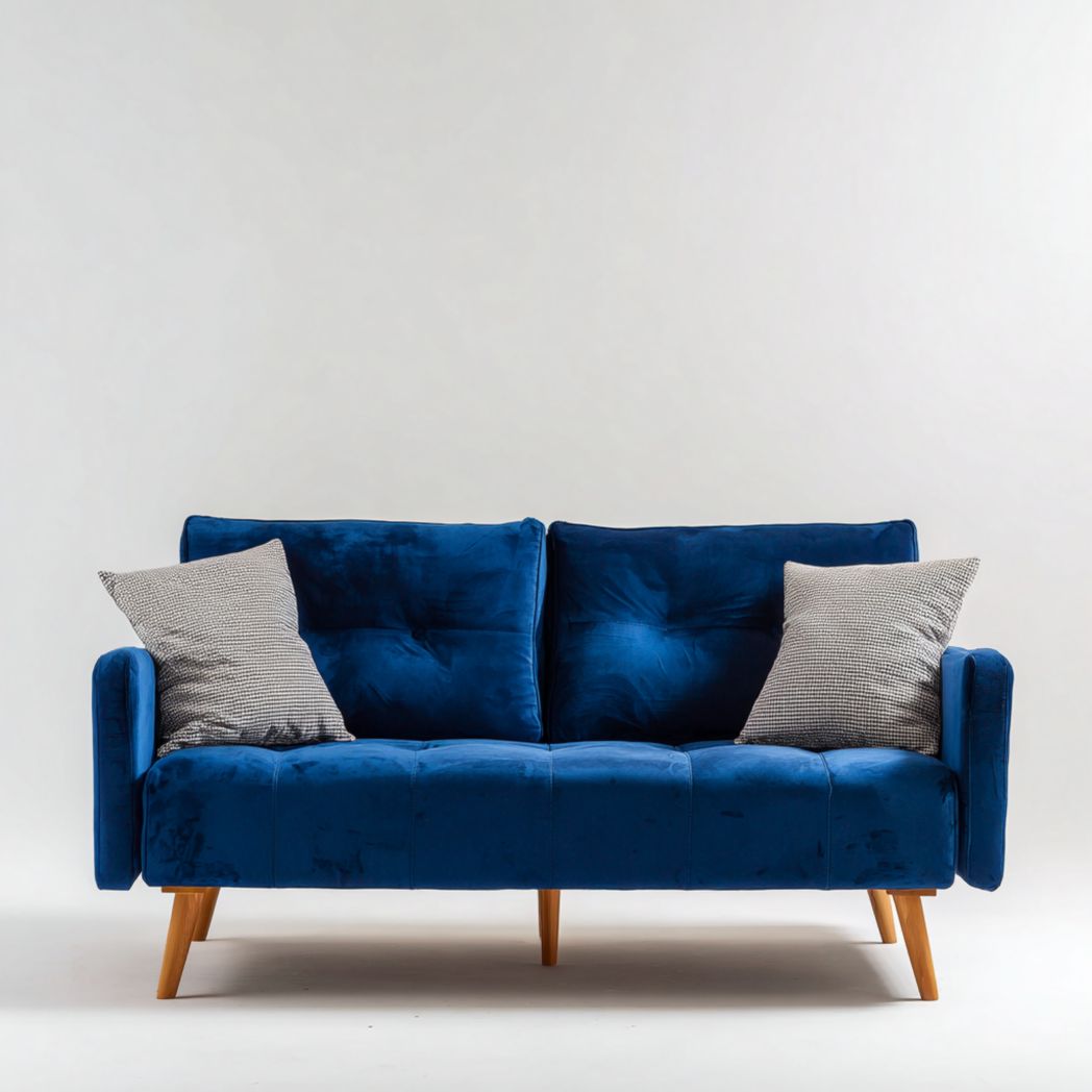 Sofa dwuosobowa z tkaniny niebieskiej, nogi z drewna dębowego-Provider Home