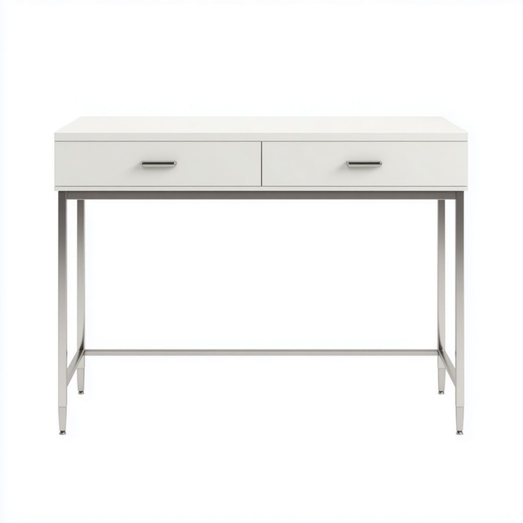 Białe Biurko z 2 Szufladami na Metalowym Stelażu, Konsola Modern do Gabinetu-Provider Home