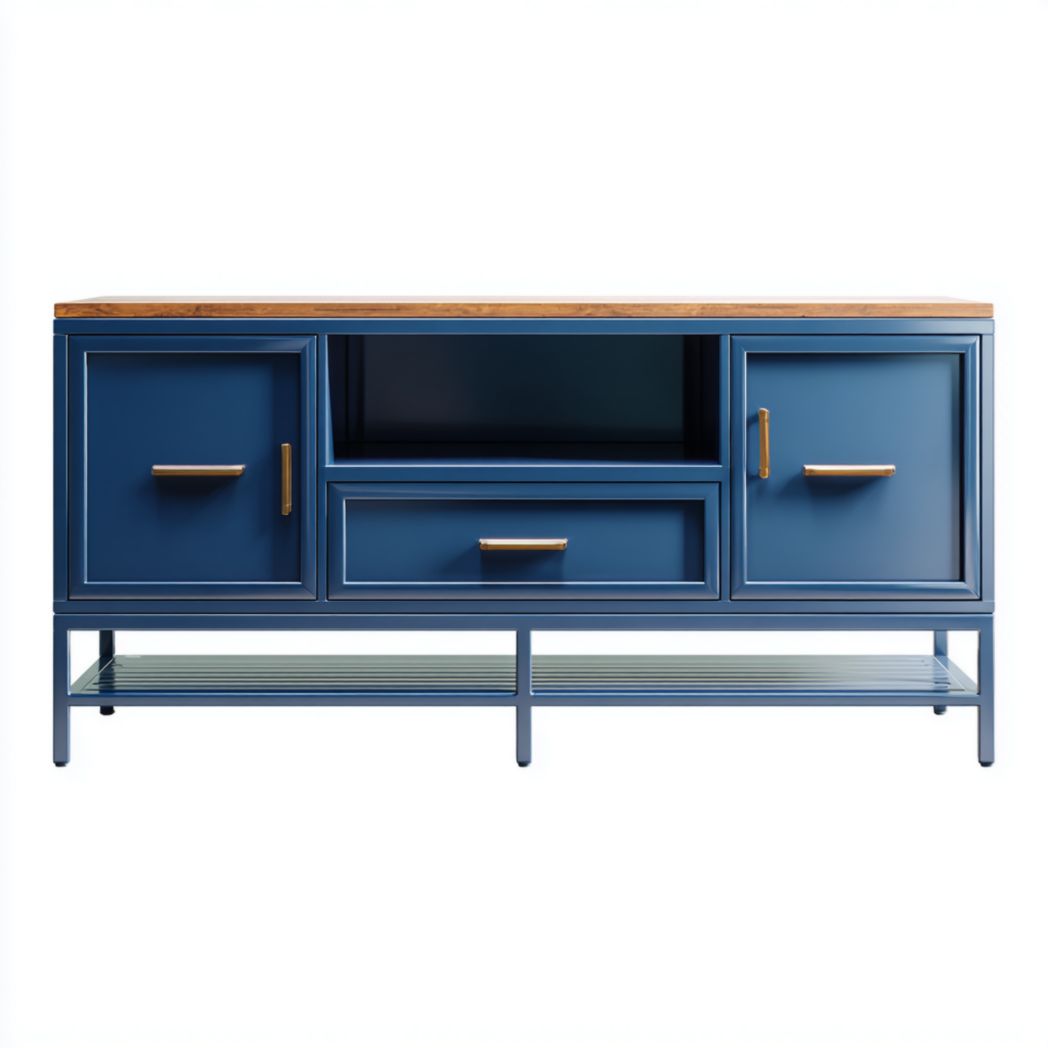 Szafka RTV z litego drewna sosnowego i stali węglowej niebieska komoda z szufladą 140cm-Provider Home