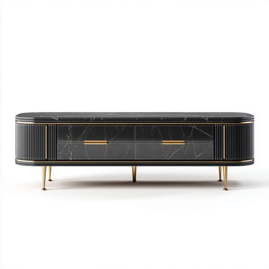 Owalna szafka RTV z naturalnego czarnego marmuru i nogi ze złotej stali nierdzewnej 180cm-Provider Home