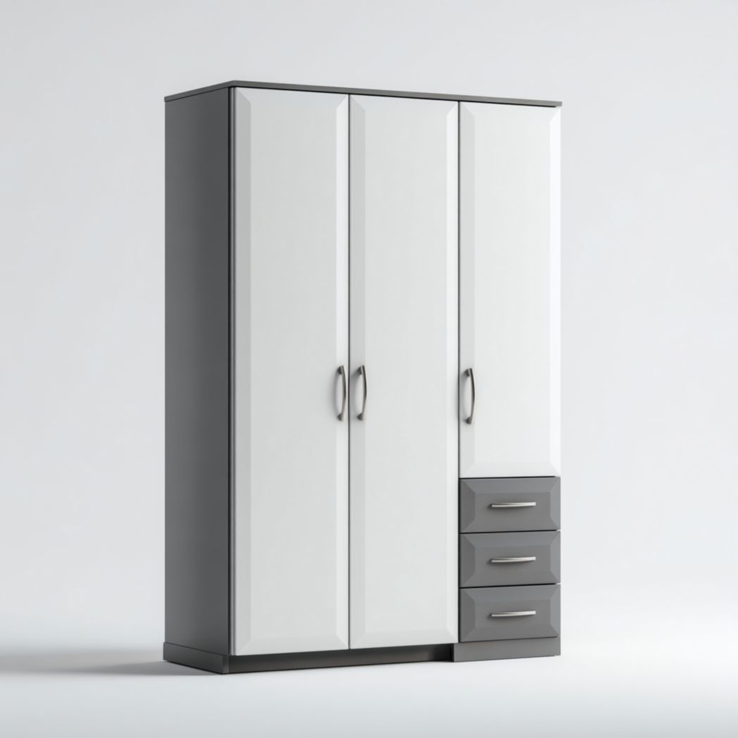 Szafa trzydrzwiowa z trzema szufladami z litego drewna sosnowego w kolorze biało-szarym