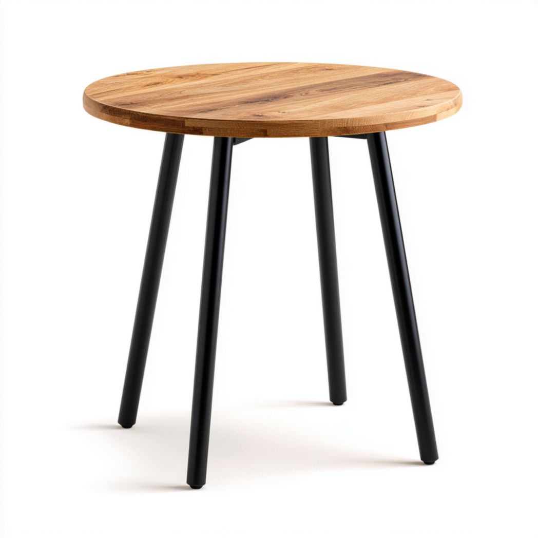 Okrągły dębowy stolik kawowy wsparty na czterech czarnych stalowych nogach.-Provider Home
