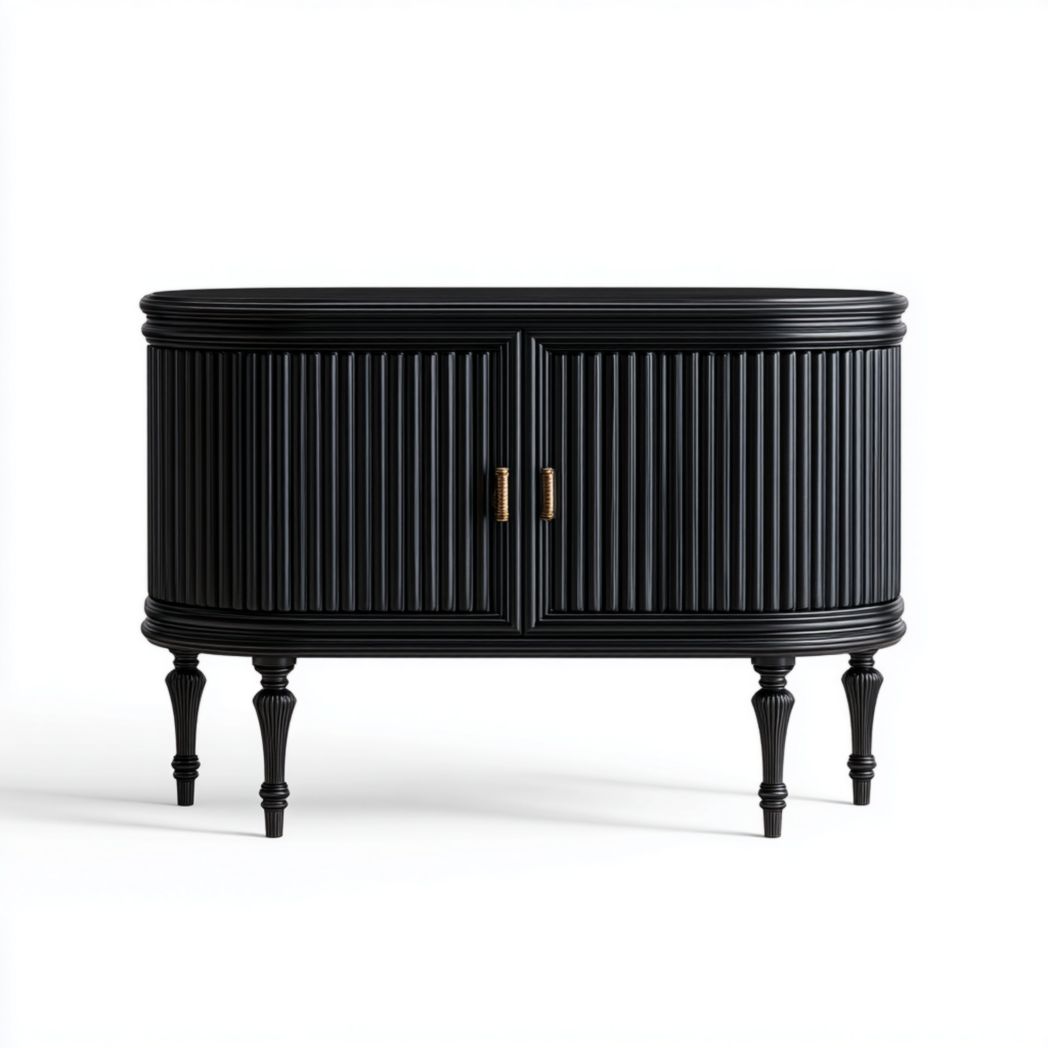 Szafka RTV biała ze złotym wykończeniem, ryflowane fronty, nogi stalowe-South East