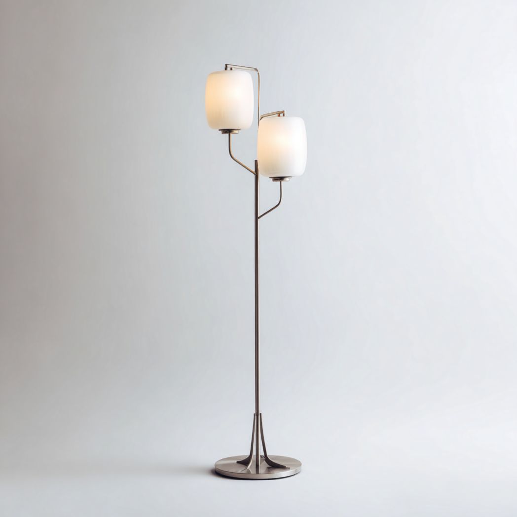 Lampa podłogowa metalowa, dwa szklane klosze, srebrna-South East