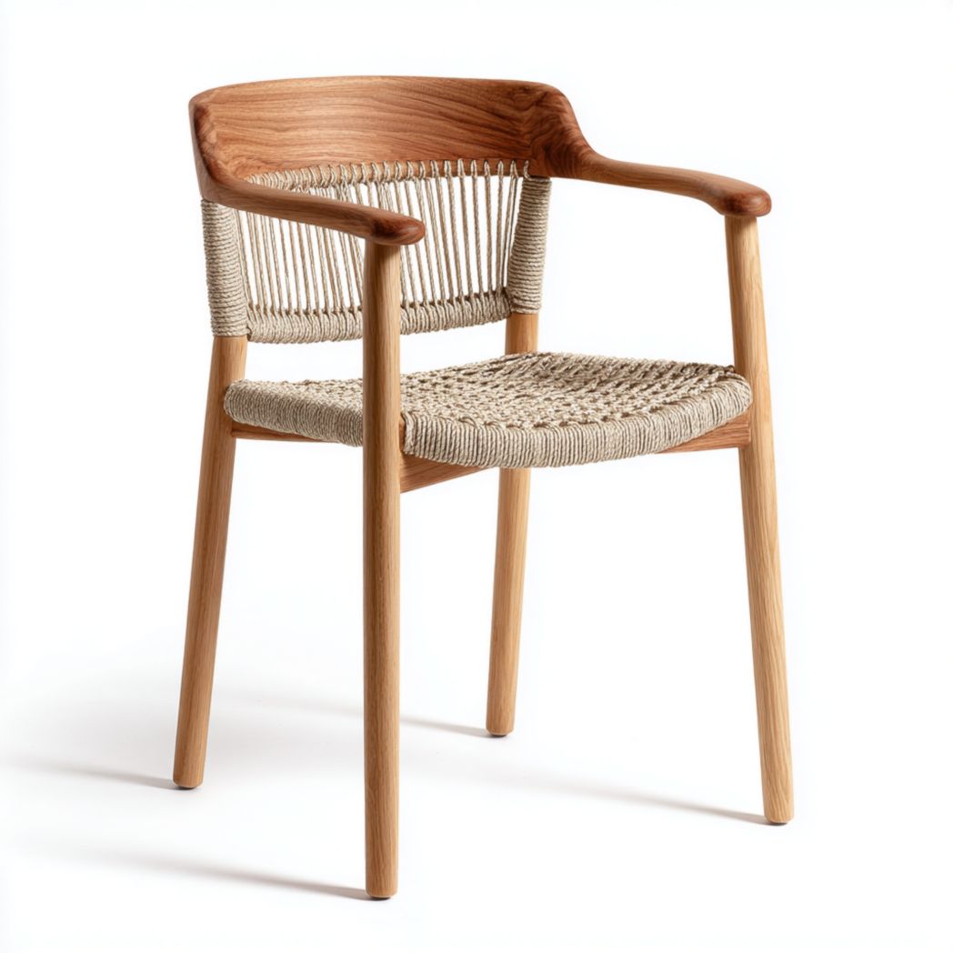 Krzesło dębowe z podłokietnikami i oparciem z plecionego sznurka naturalnego-South East