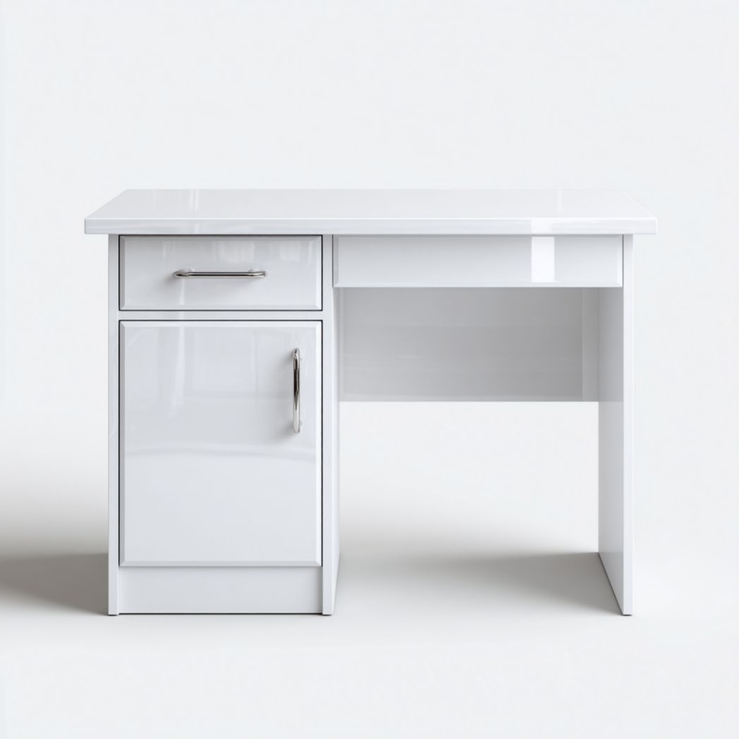 Białe Biurko z 1 Szufladą i Szafką, Połysk, Stolik Gabinetowy z Metalowymi Uchwytami-Allwood Home