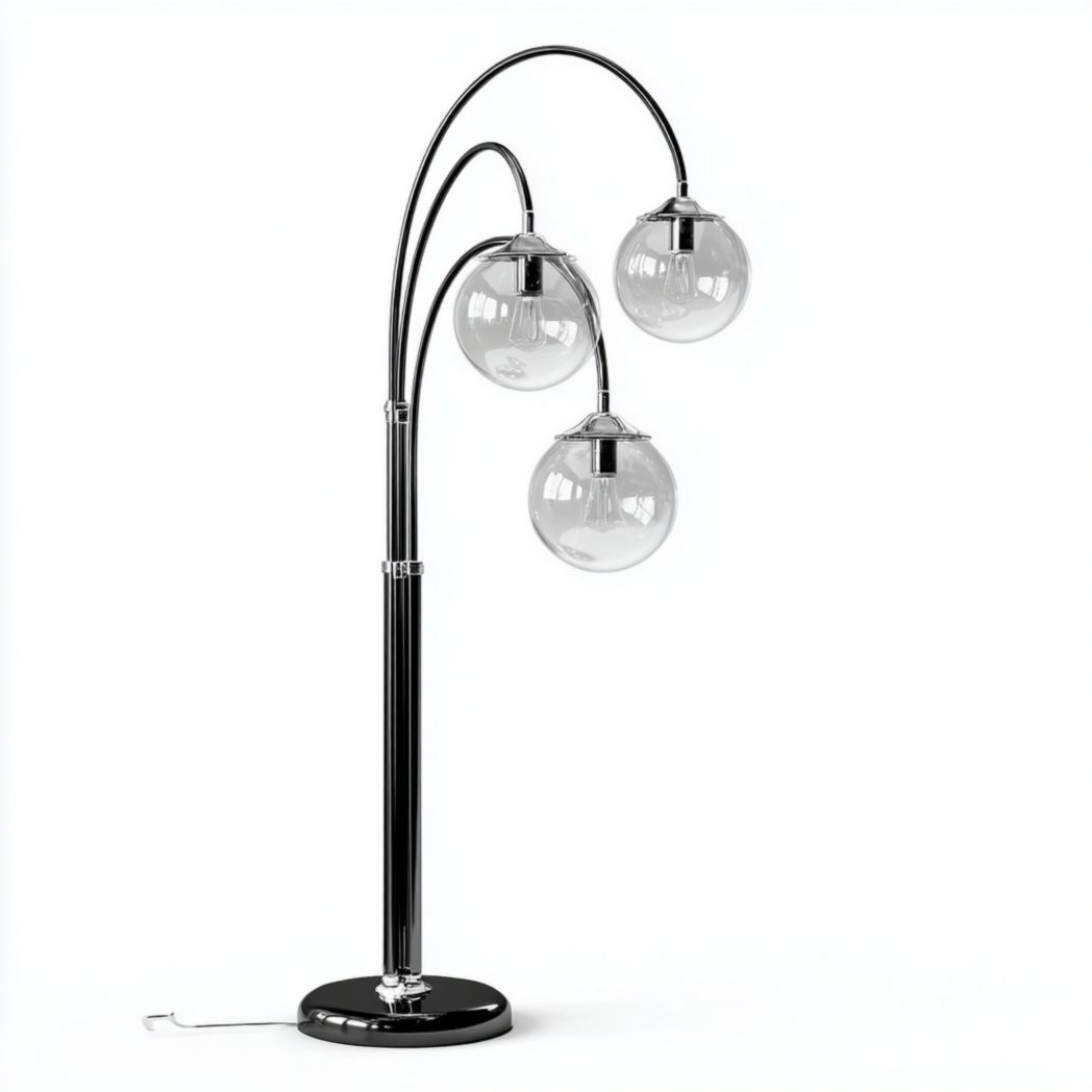 Lampa podłogowa metalowa, trzy szklane klosze kuliste, czarna-Allwood Home