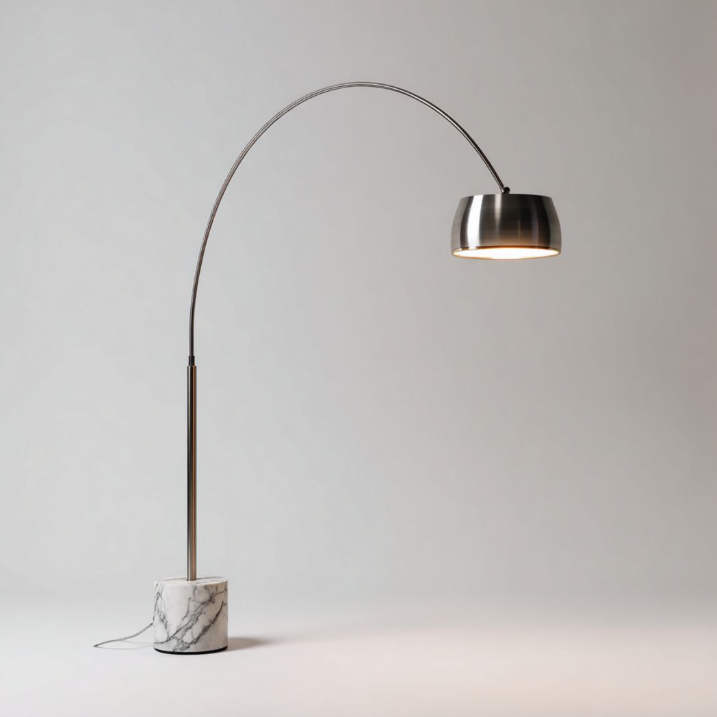 Lampa podłogowa łukowa ze srebrnym kloszem i marmurową podstawą-Allwood Home