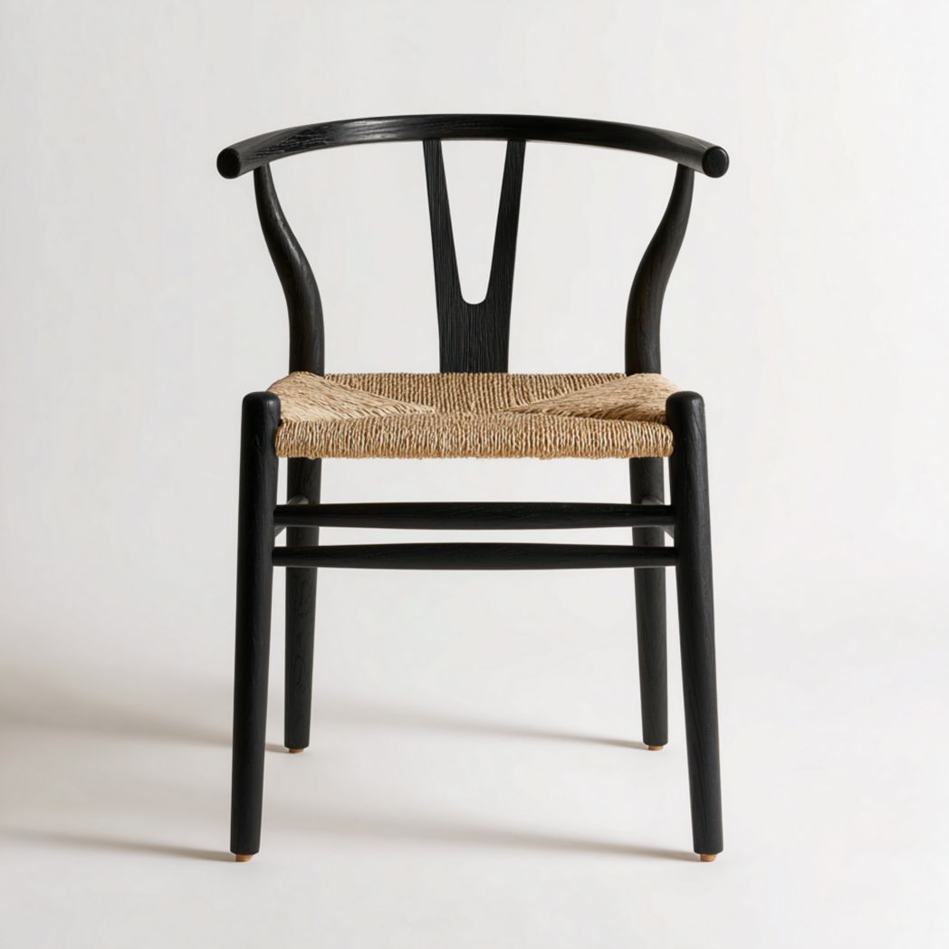Krzesło z litego drewna jesionowego z oparciem w kształcie litery Y i plecionym siedziskiem, czarne-Allwood Home