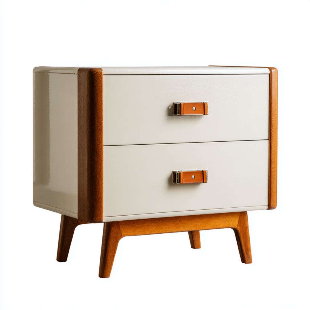 Stolik nocny z podwójną szufladą z drewna dębowego i kompozytowego ze skórzanymi uchwytami-Simons Patio