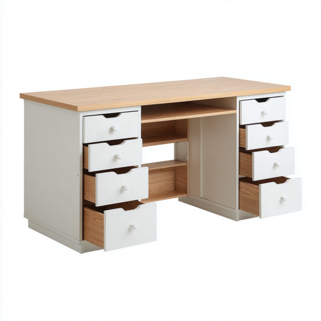 Biurko Komputerowe z 8 Szufladami i Półkami, Białe z Drewnianym Blatem Sosnowym, Stolik Gabinetowy-Simons Patio