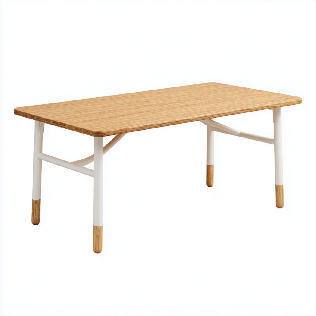 Stolik z Blatem Bambusowym i Metalowymi Nogami, Biało-Brązowe Biurko-Simons Patio